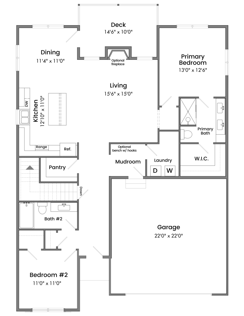 A floor plan showing the main level of the Oasis stand-alone condo, including open kitchen, 2 stall garage, private back deck, primary and secondary bedrooms, laundry, and 2 bathrooms