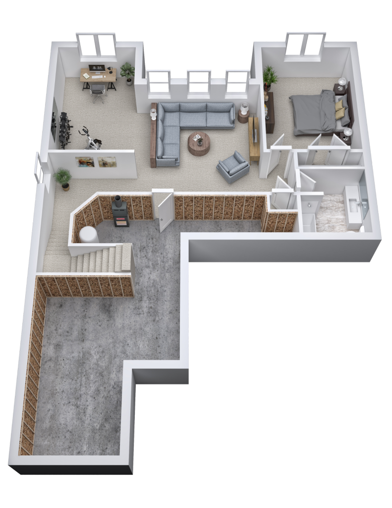 A 3D or dollhouse style floor plan of the Oasis stand-alone condo finished lower level. It shows the third bedroom and bathroom, as well as a large family room. Also seen is a bonus area that comes standard as a finished bonus area, but can be converted into a fourth bedroom. Mechanicals and extra large storage areas are also shown.