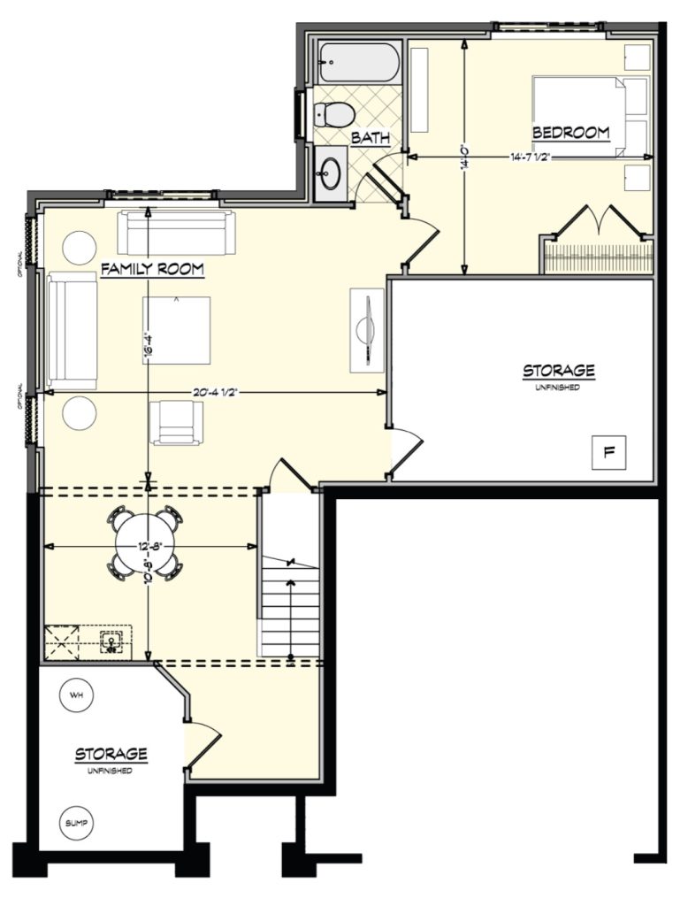 The sunstone floor plan finished lower level with an additional bedroom, family room and bathroom.