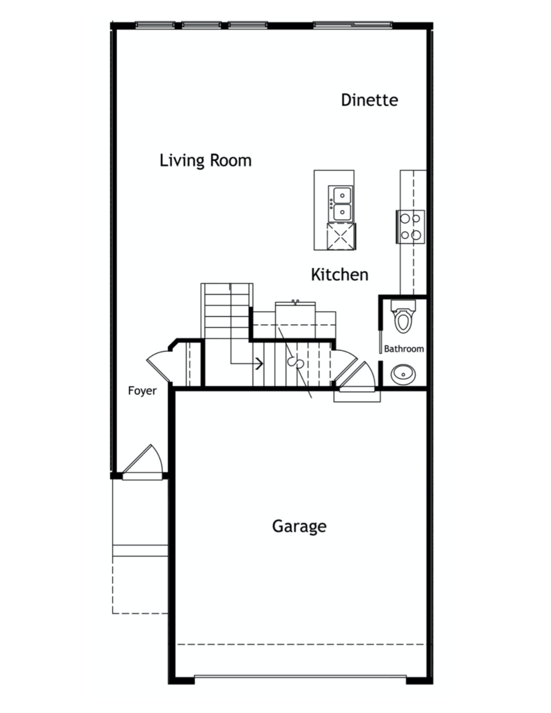 A floor plan showing the main level of the Uptown townhome, including open kitchen, 2 stall garage, and a half bath.